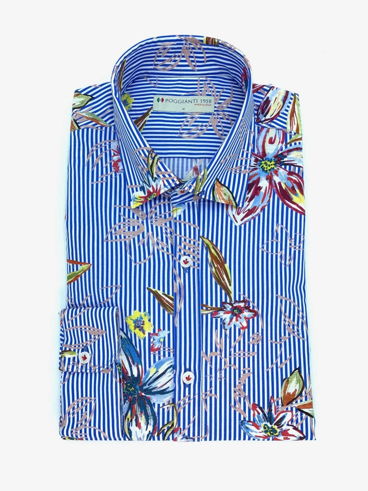 Poggianti Blue Bank Stripe Floral Cotton Shirt