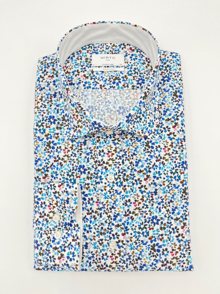 Mirto Blue Floral Print Cotton Shirt
