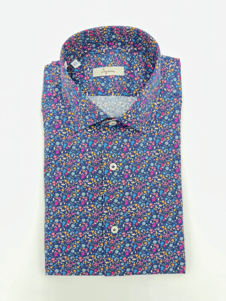 Ingram Navy Floral Print Cotton Shirt