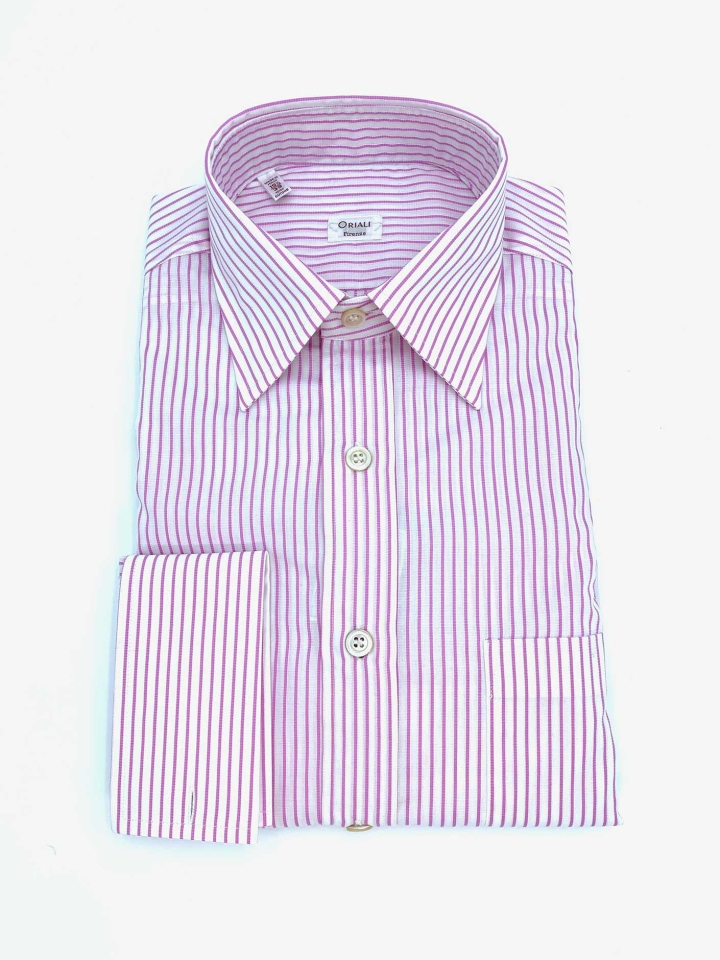 Oriali French Cuff Textured Chalk Stripe Cotton Dress Shirt