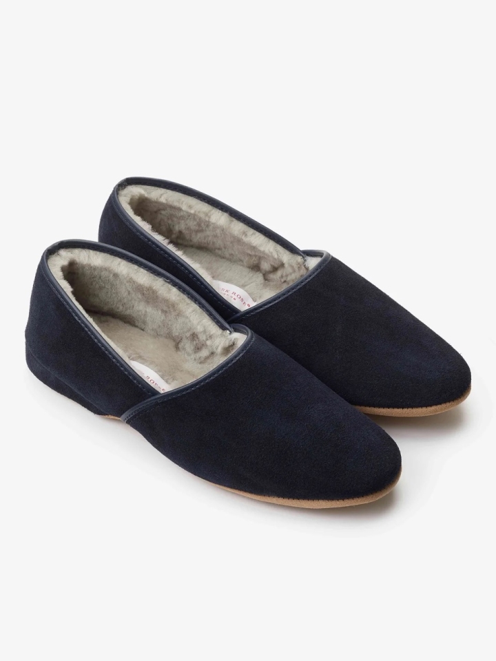 Derek Rose Navy Suede Sheepskin Slippers