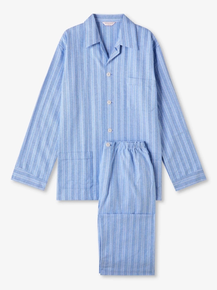 Derek Rose Blue Heavyweight Brushed Cotton Pyjamas