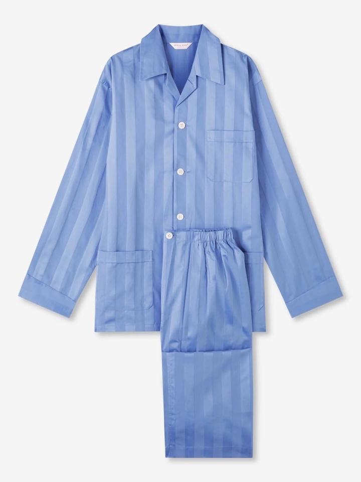 Derek Rose Light Blue Wide Striped Cotton Pyjamas
