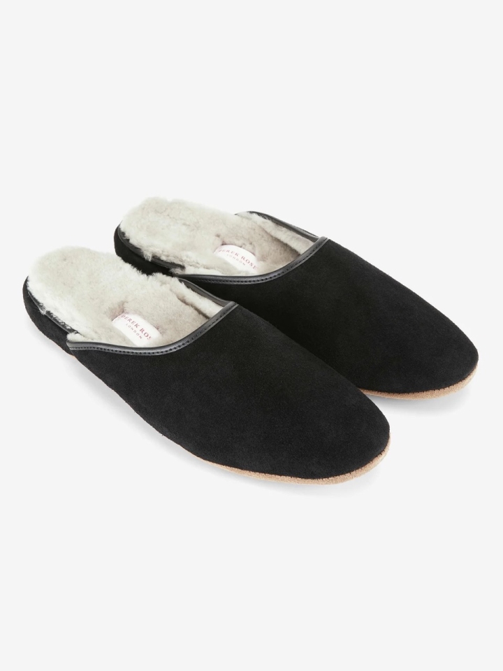 Derek Rose Black Suede Sheepskin Mule Slippers