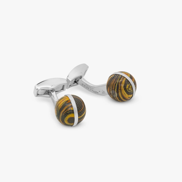 Tateossian Guilloche Sphere Tiger Eye Palladium Plated Cufflinks