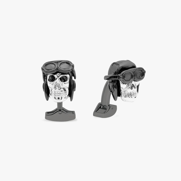 Tateossian Black Gunmetal Plated Aviator Skull Cufflinks