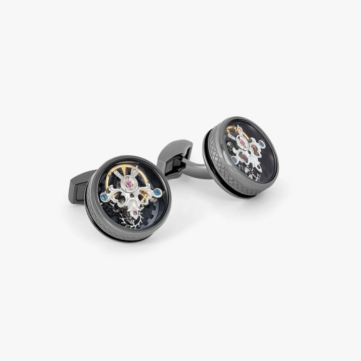 Tateossian Single Tourbillon Gear Gunmetal and Black Enamel Cufflinks