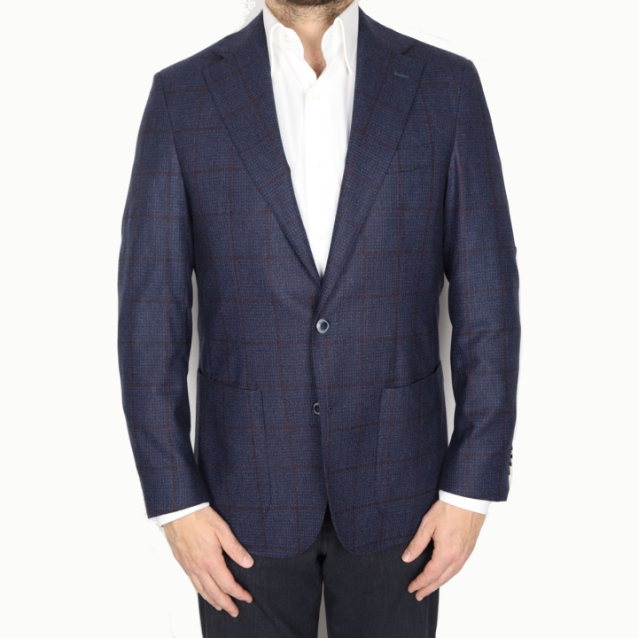 Olliver Grey Navy w/ Burgundy Windowpane Wool Jacket