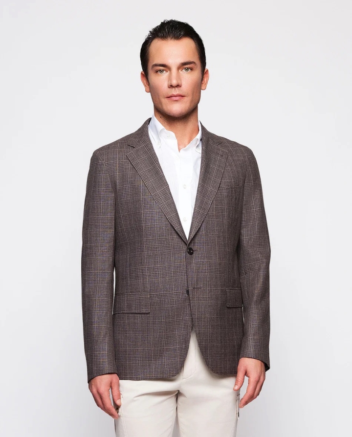 Mirto Brown Plaid Wool Silk Linen Blend Jacket