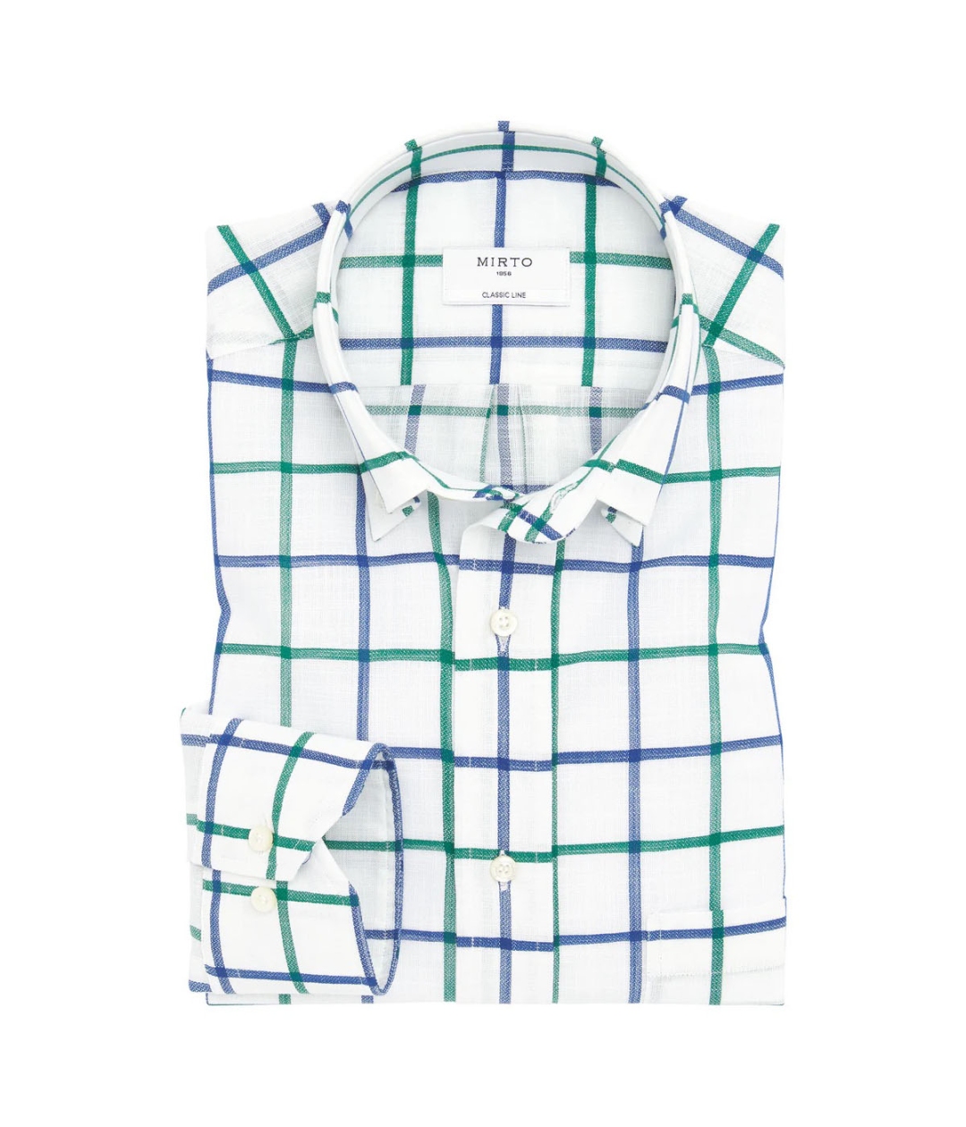 Mirto White Casual Green & Blue Windowpane Cotton Shirt