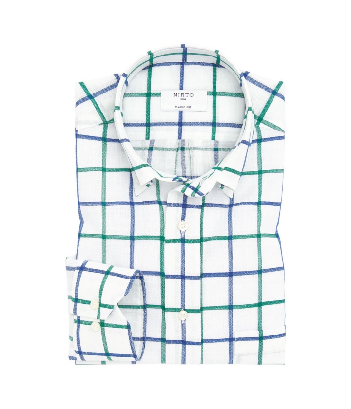 Mirto White Casual Green & Blue Windowpane Cotton Shirt