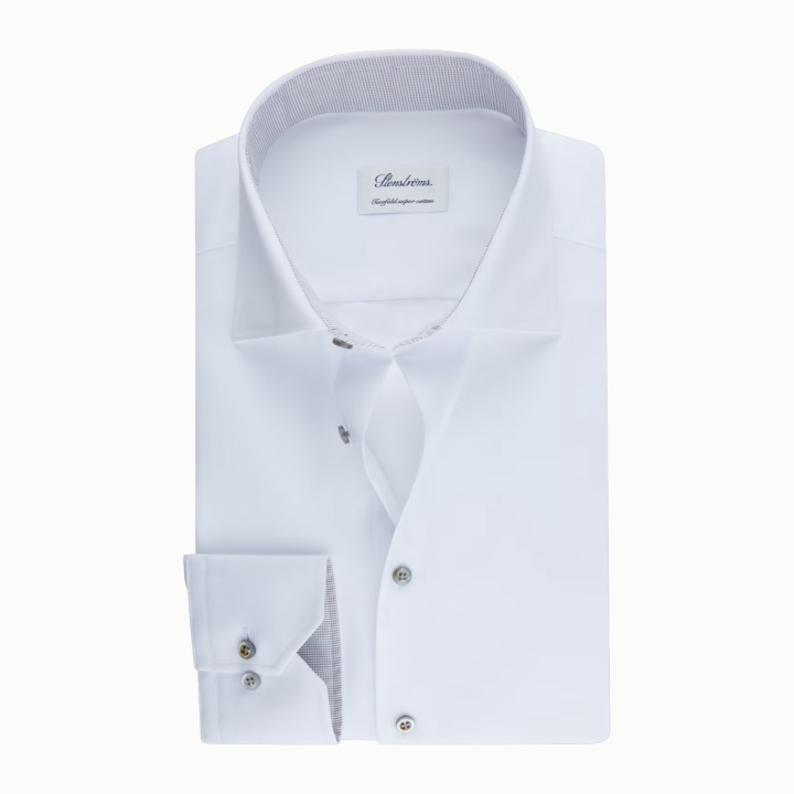 Stenstroms White Cotton Dress Shirt with Grey Trim