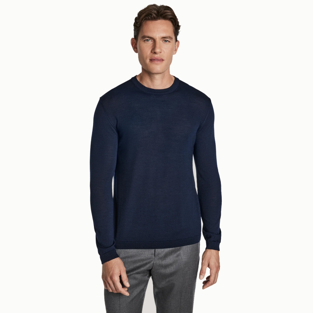 Jack Victor Merino Wool/Silk Navy Long Sleeve Crew Neck Sweater
