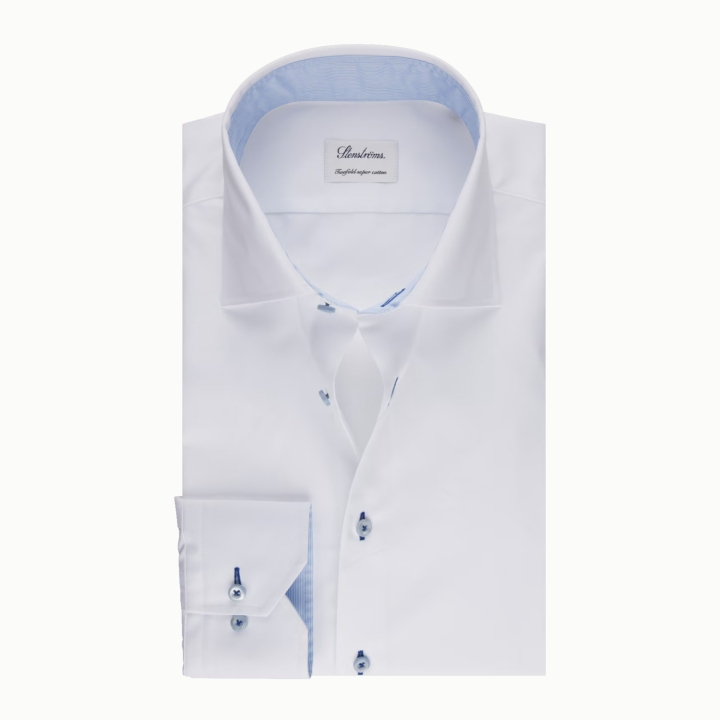 Stenstroms White Cotton Dress Shirt with Blue Trim