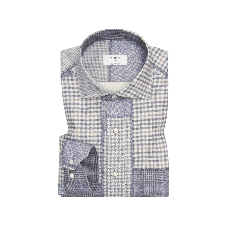 Mirto Blue & Gray Patchwork Print Cotton Shirt